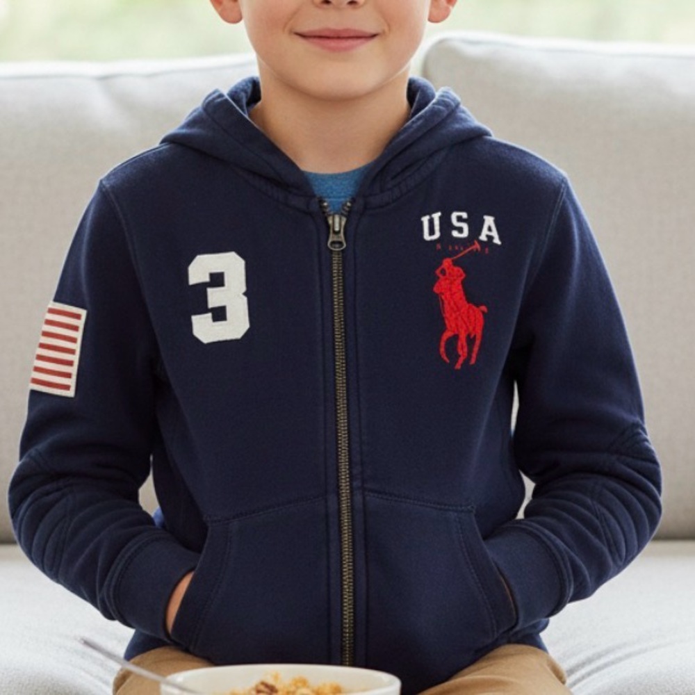 Polo Ralph Lauren Boys Navy Big Pony USA Flag Full Zip Hoodie Jacket Size 7